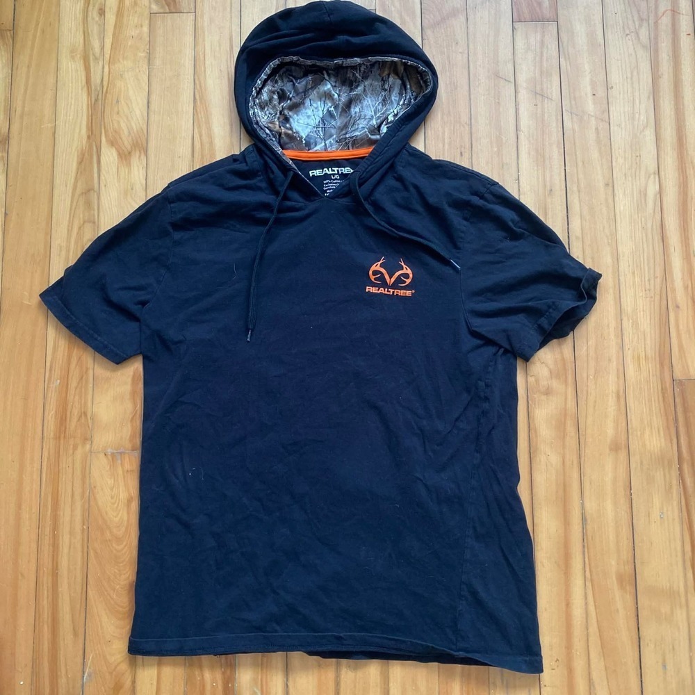 Realtree Short Sleeve Hoodie Camo Lined Orange Neck Size Large
